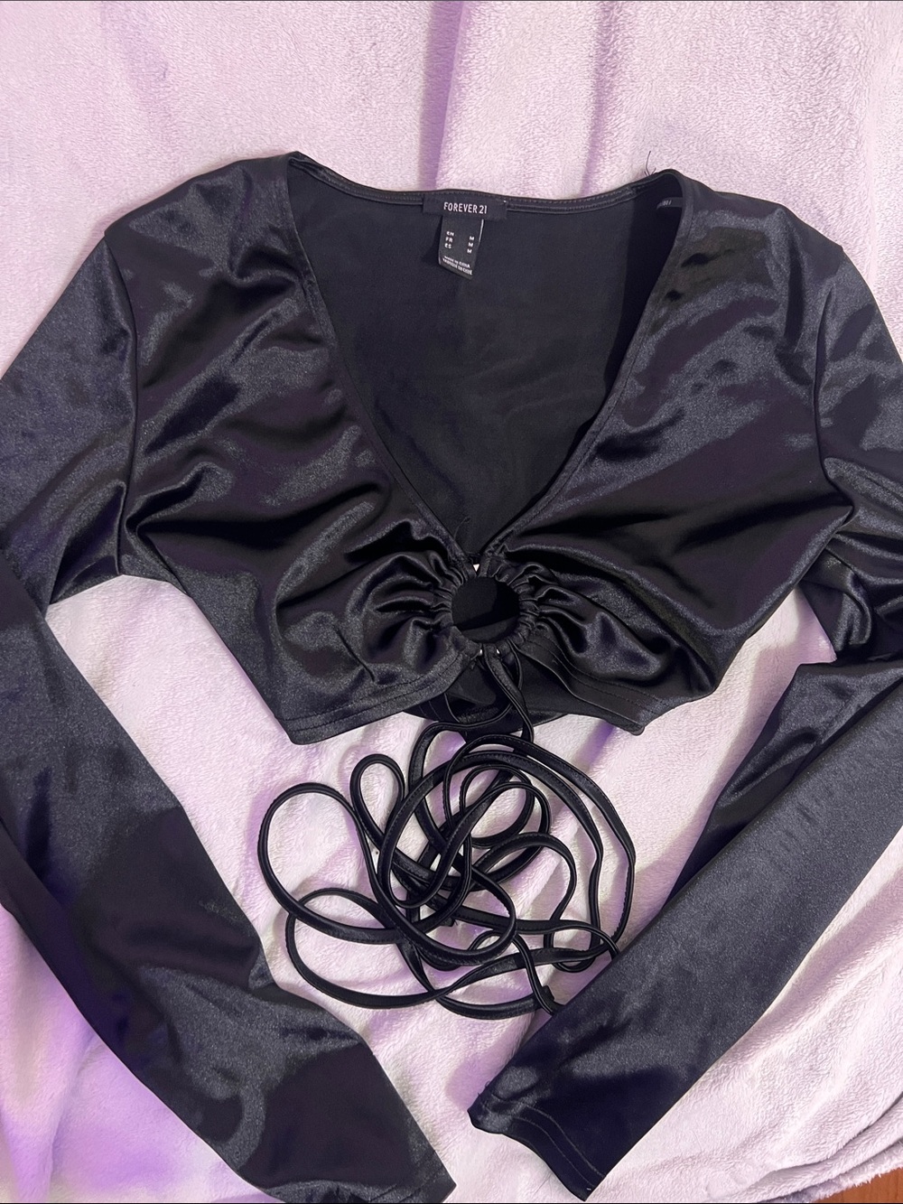 Forever 21 Black Satin Long-Sleeve Crop Top with Front Ring and Lace-Up Ties
